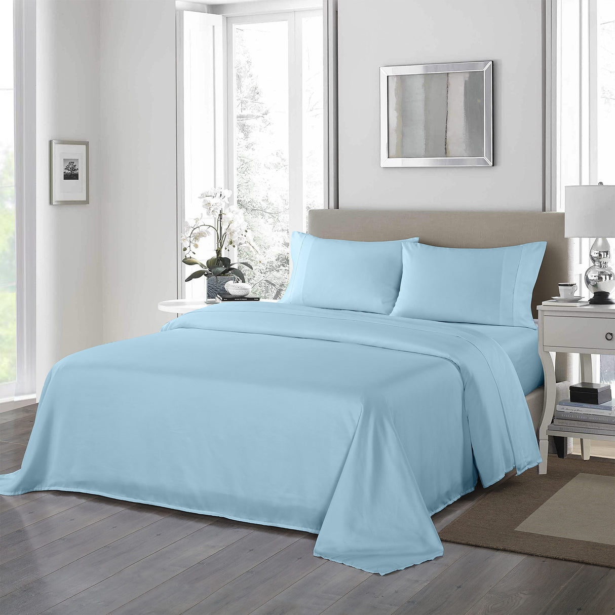 Royal Comfort 1200 Thread Count Sheet Set 4 Piece Ultra Soft Satin Weave Finish - Double - Sky Blue