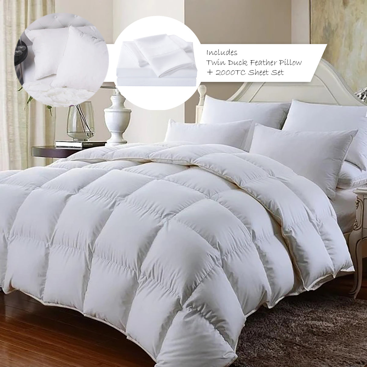 Royal Comfort 350GSM Bamboo Quilt 2000TC Sheet Set And 2 Pack Duck Pillows Set - King - White