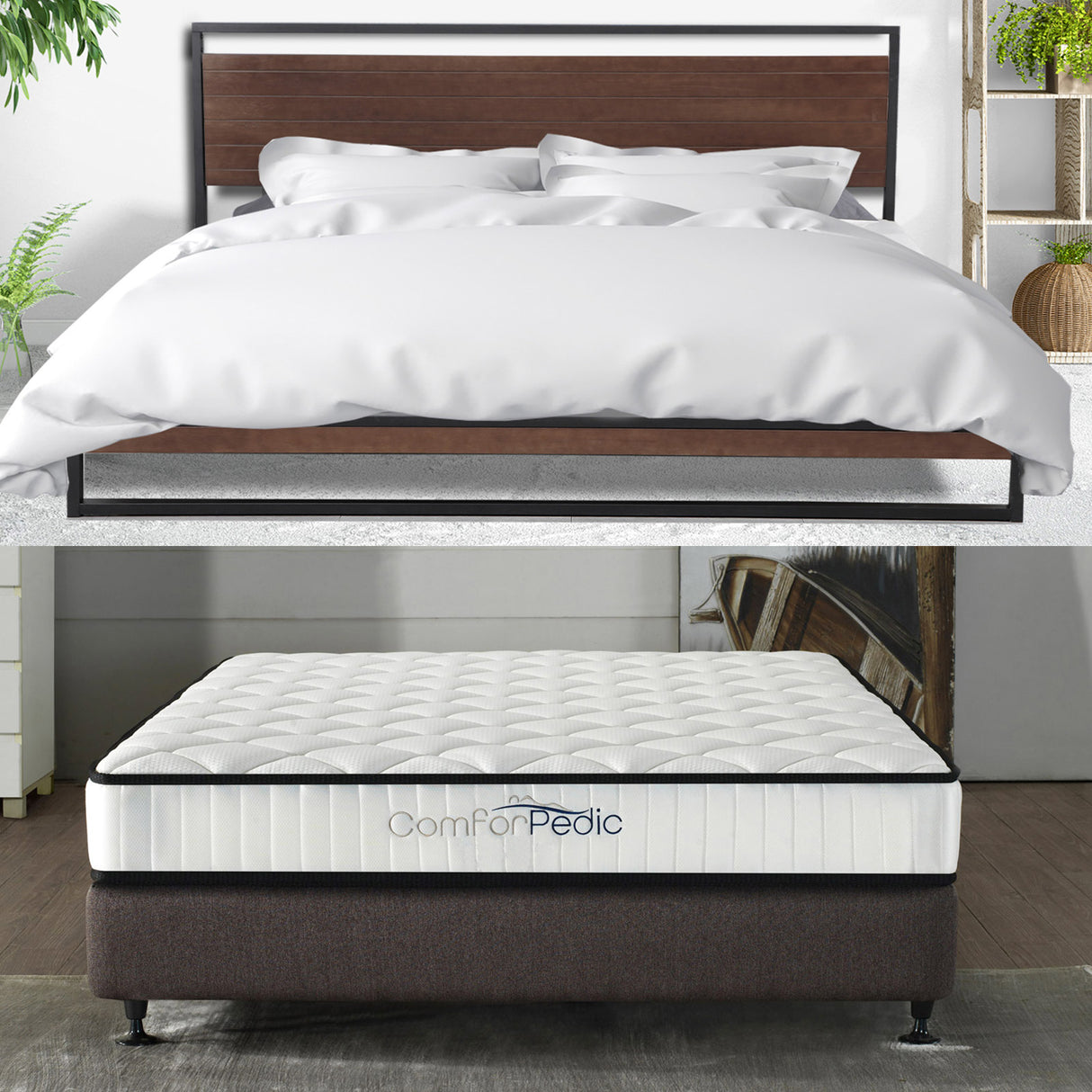 Azure Wood Bed Frame With Comforpedic Mattress Package Deal Bedroom Set - Single - White Brown