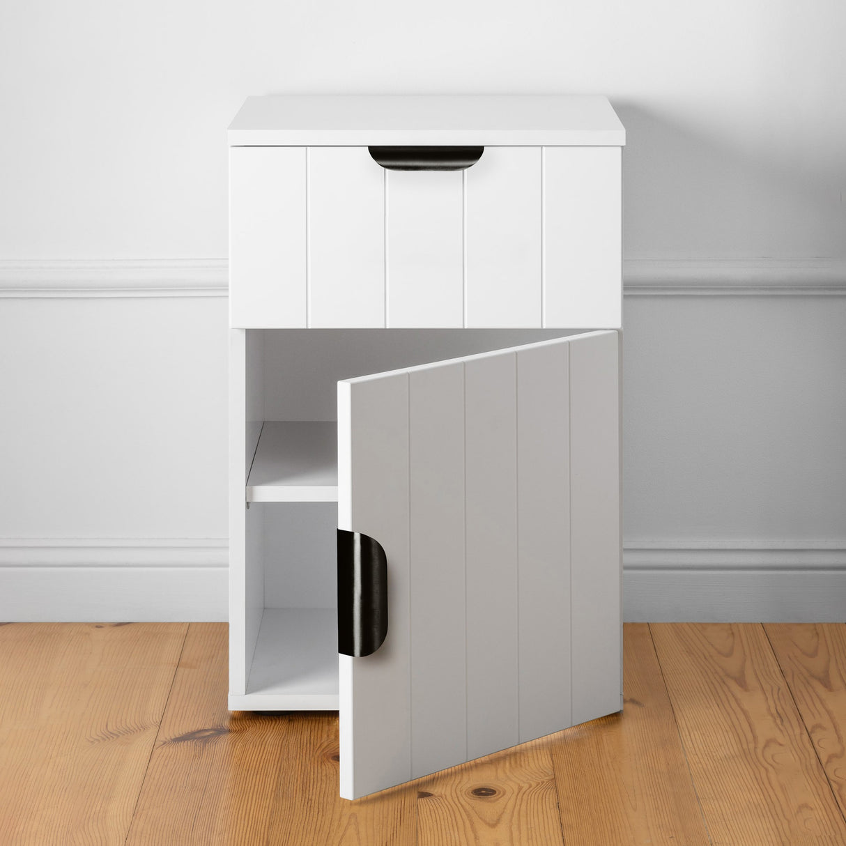 PORTO BEDSIDE TABLE - WHITE - VJ PANEL - PULL BLACK