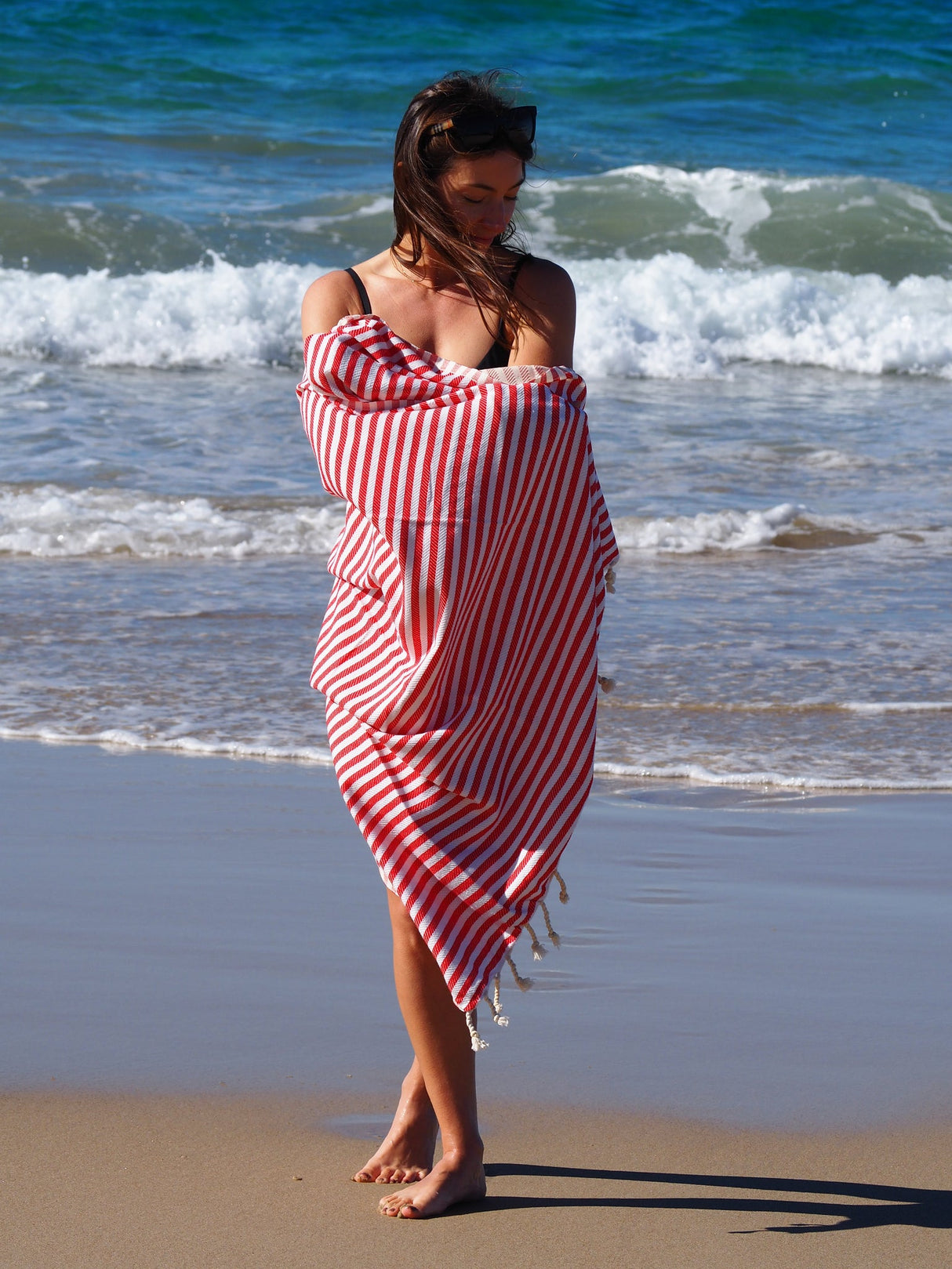 PORTSEA TURKISH COTTON BEACH TOWEL - CHERRY RED