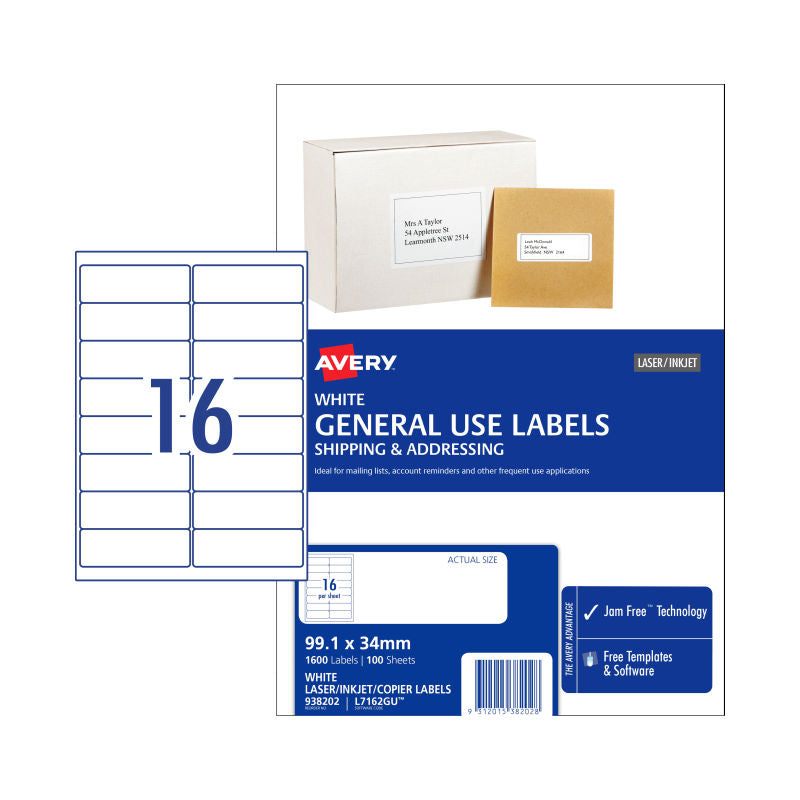 AVERY General Purpose Labels L7162GU - 16 Per Sheet, Box of 100