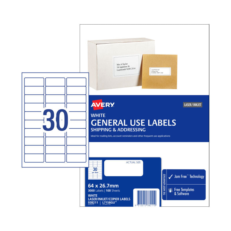 AVERY General Labels L7158GU - 30 Labels per Sheet, Box of 100