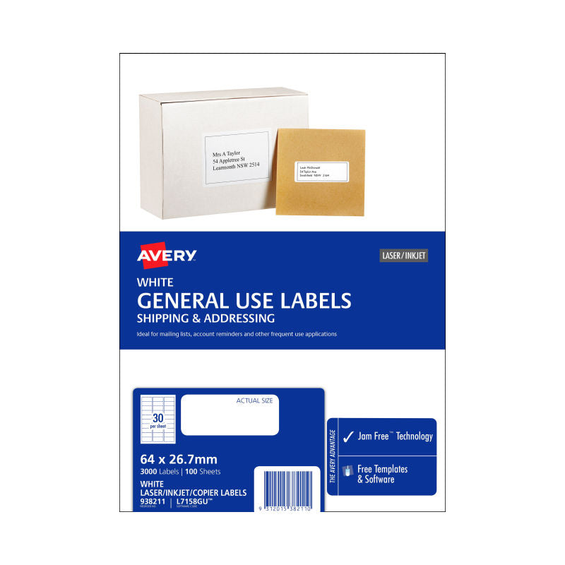 AVERY General Labels L7158GU - 30 Labels per Sheet, Box of 100
