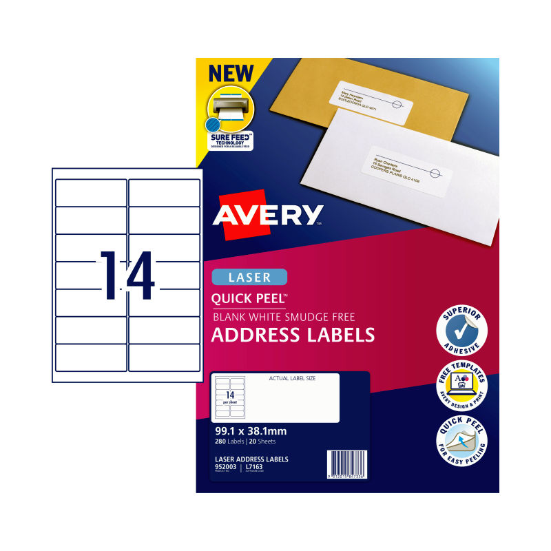 AVERY 14-Up Laser Labels L7163 - Pack of 20