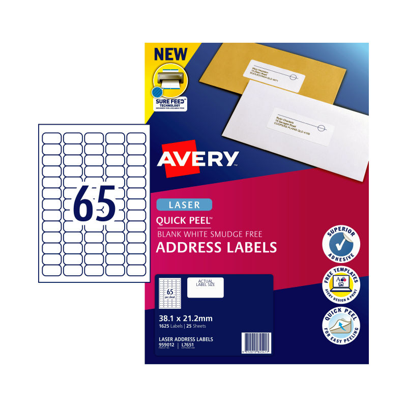 AVERY Laser Labels L7651 - 65 Labels per Sheet, Pack of 25