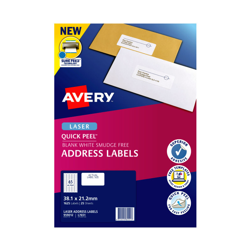 AVERY Laser Labels L7651 - 65 Labels per Sheet, Pack of 25