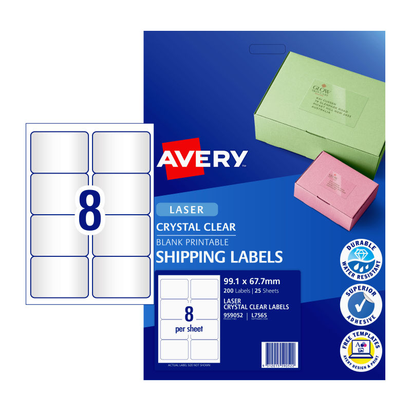 AVERY Clear Laser Labels L7565 - 8 Labels per Sheet, Pack of 25