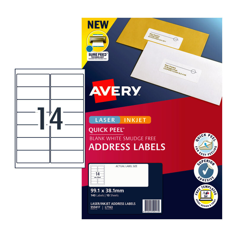 AVERY Quick Peel Lip Labels 14-Up L7163 Pack of 10