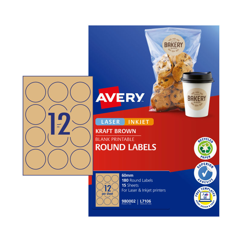AVERY Round Brown Labels 60mm 12 Per Sheet Pack of 15