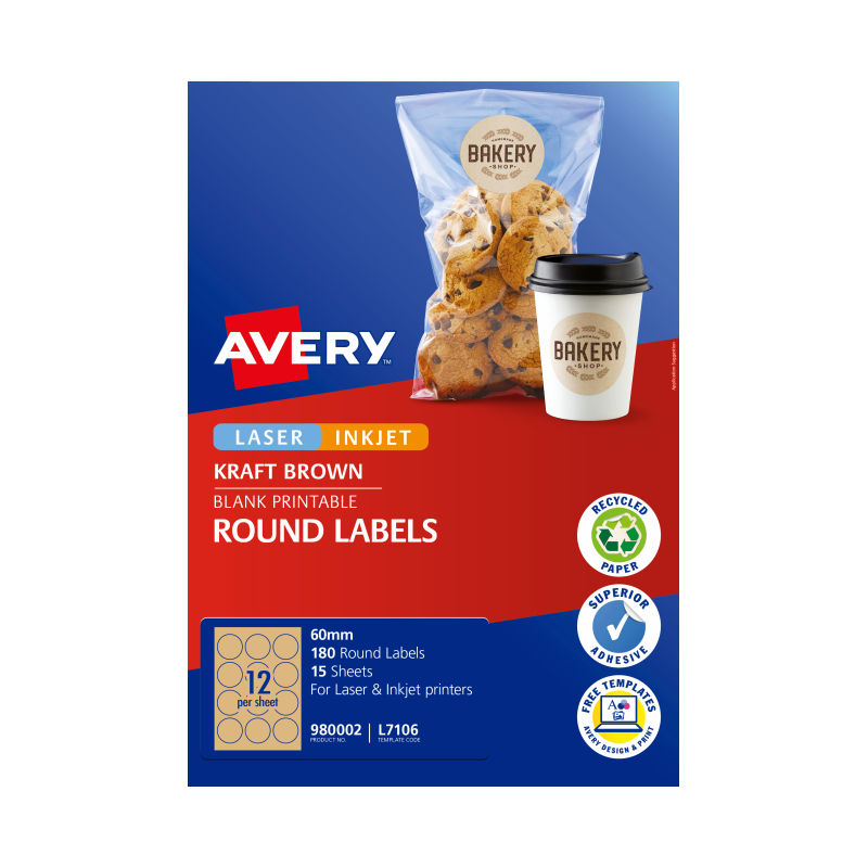 AVERY Round Brown Labels 60mm 12 Per Sheet Pack of 15