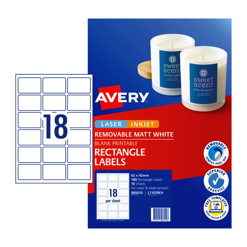 AVERY Matte Removable Labels L7017REV 18 per Sheet