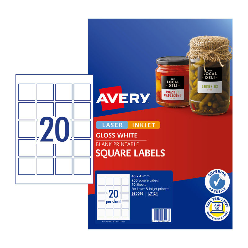 AVERY Square Labels L7124 - 20 Labels per Sheet, Pack of 10