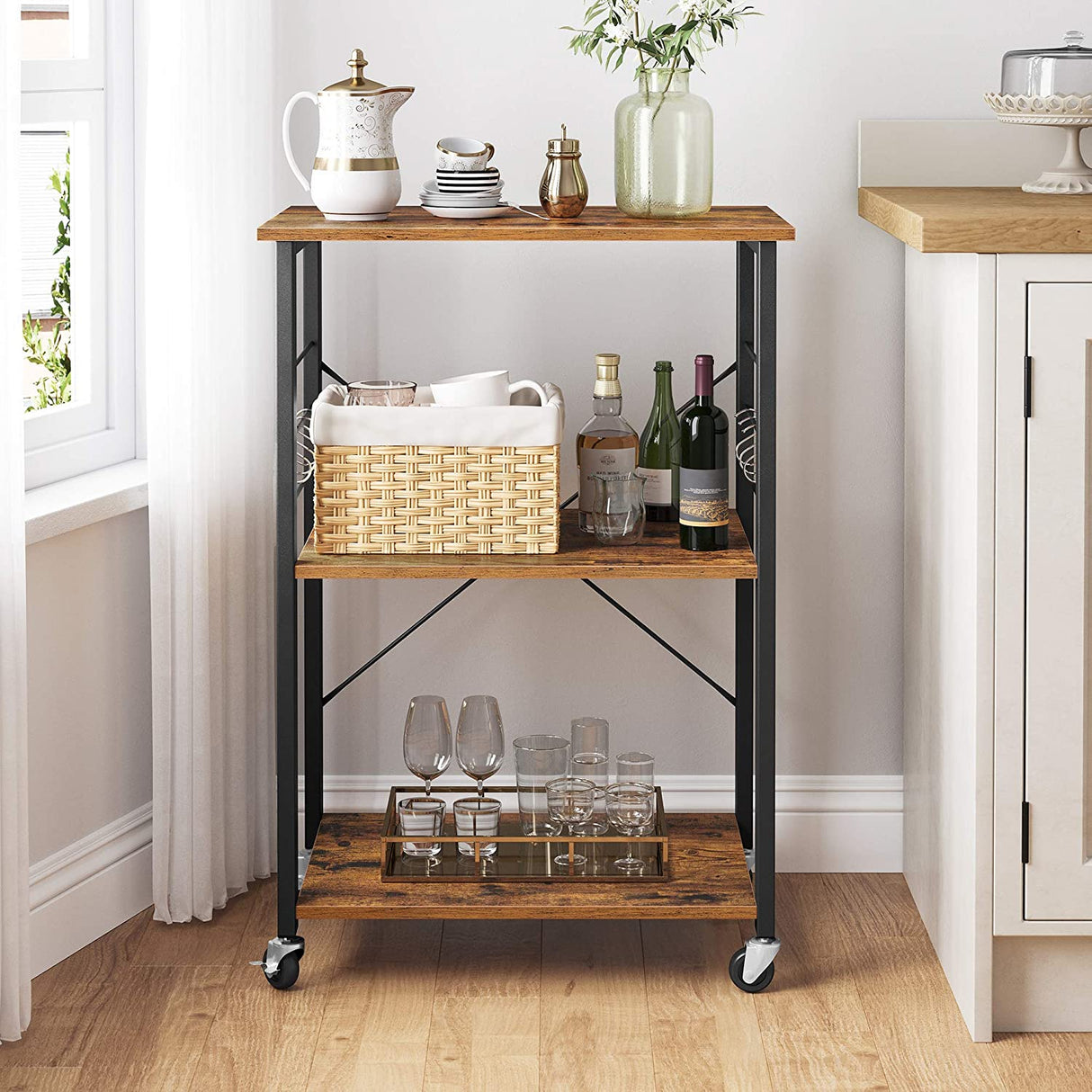 Kitchen Baker's Rack, 3-Tier Serving Cart with Metal Frame and 6 Hooks, Rustic Brown