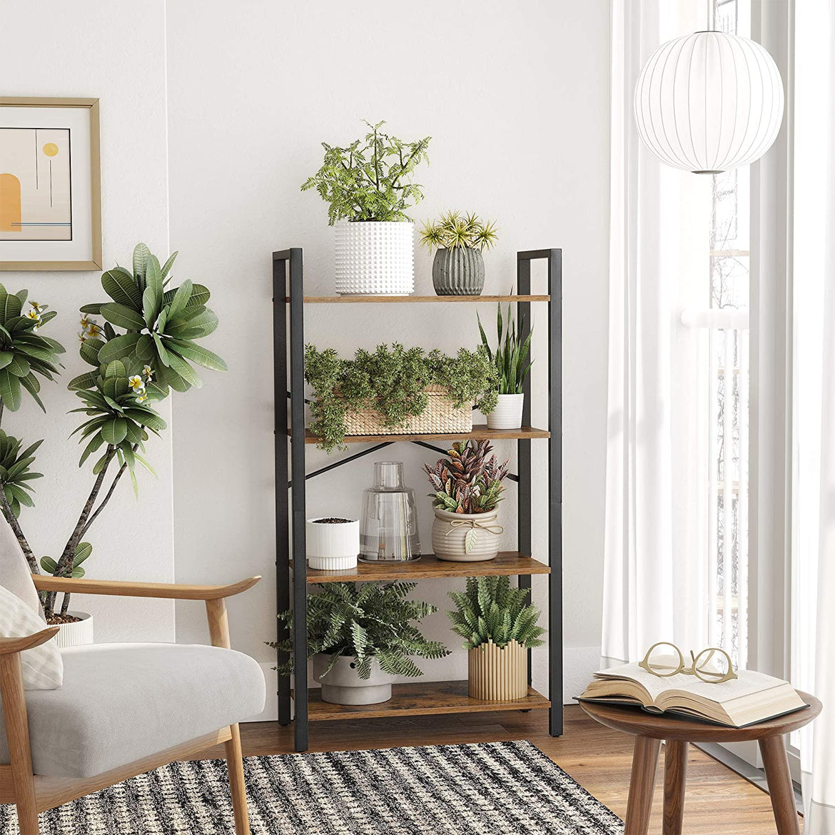 Rustic Brown and Black 4-Tier Steel Frame Storage Shelf - 120 cm High
