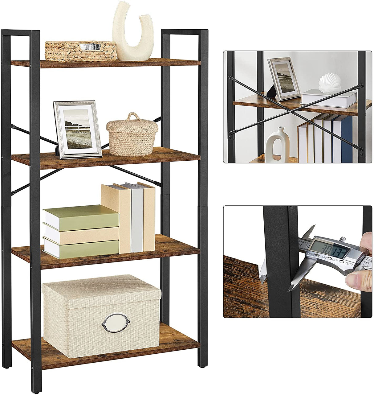 Rustic Brown and Black 4-Tier Steel Frame Storage Shelf - 120 cm High