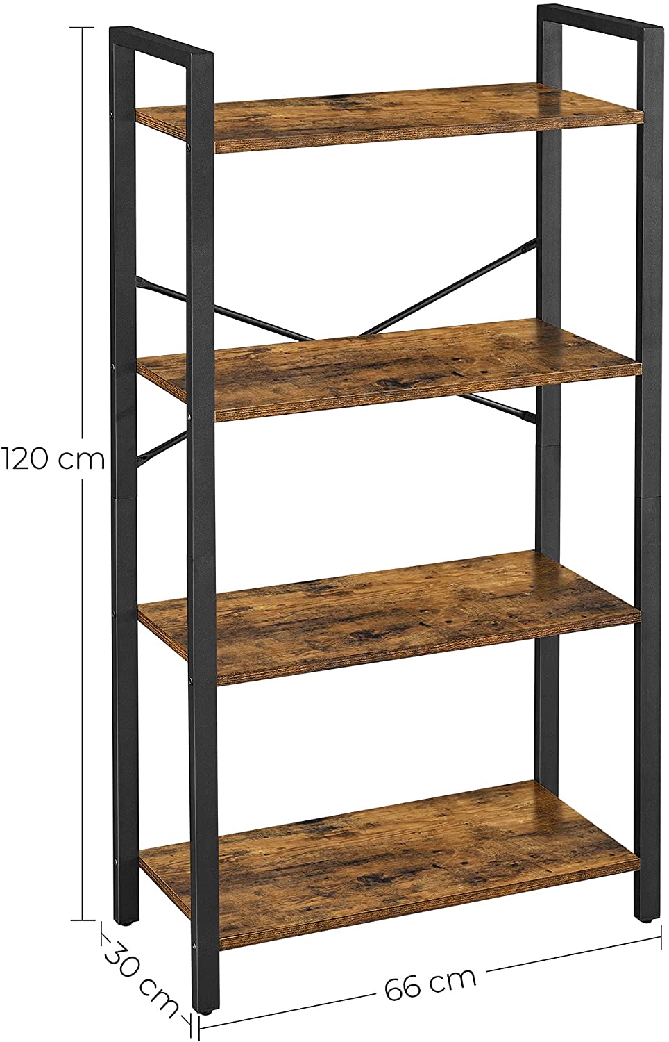 Rustic Brown and Black 4-Tier Steel Frame Storage Shelf - 120 cm High