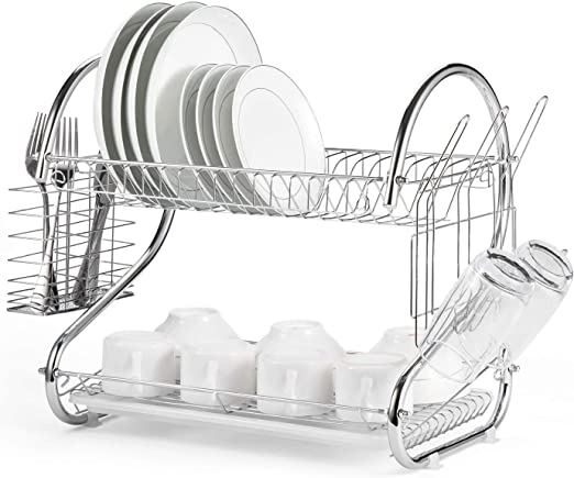 CARLA HOME Chrome 2-Tier Dish Rack with Integrated Drain Board - Stylish Silver Kitchen Drying Solution, 42 x 25.5 x 38 cm