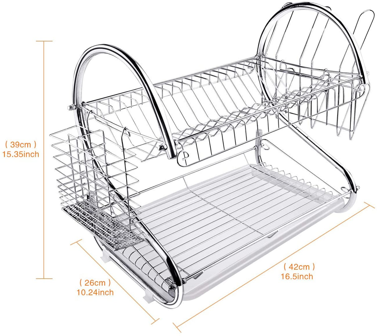 CARLA HOME Chrome 2-Tier Dish Rack with Integrated Drain Board - Stylish Silver Kitchen Drying Solution, 42 x 25.5 x 38 cm