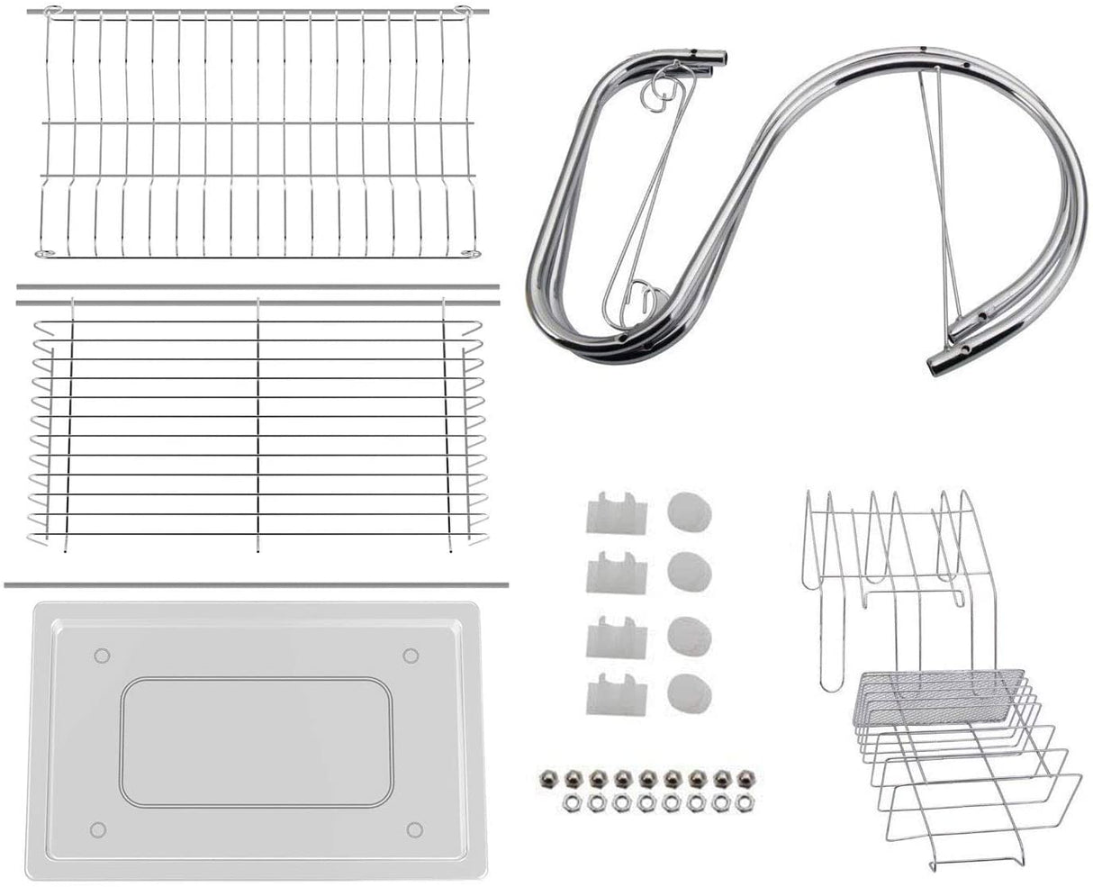CARLA HOME Chrome 2-Tier Dish Rack with Integrated Drain Board - Stylish Silver Kitchen Drying Solution, 42 x 25.5 x 38 cm