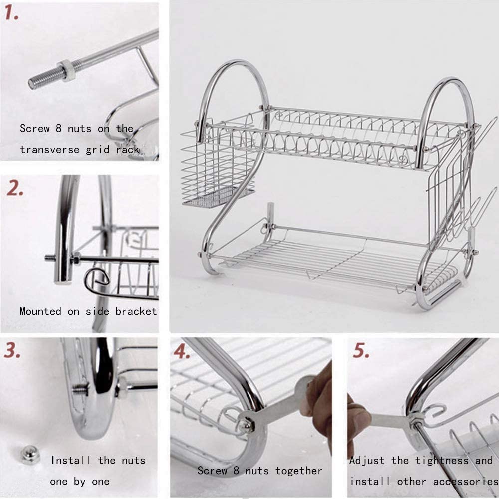 CARLA HOME Chrome 2-Tier Dish Rack with Integrated Drain Board - Stylish Silver Kitchen Drying Solution, 42 x 25.5 x 38 cm