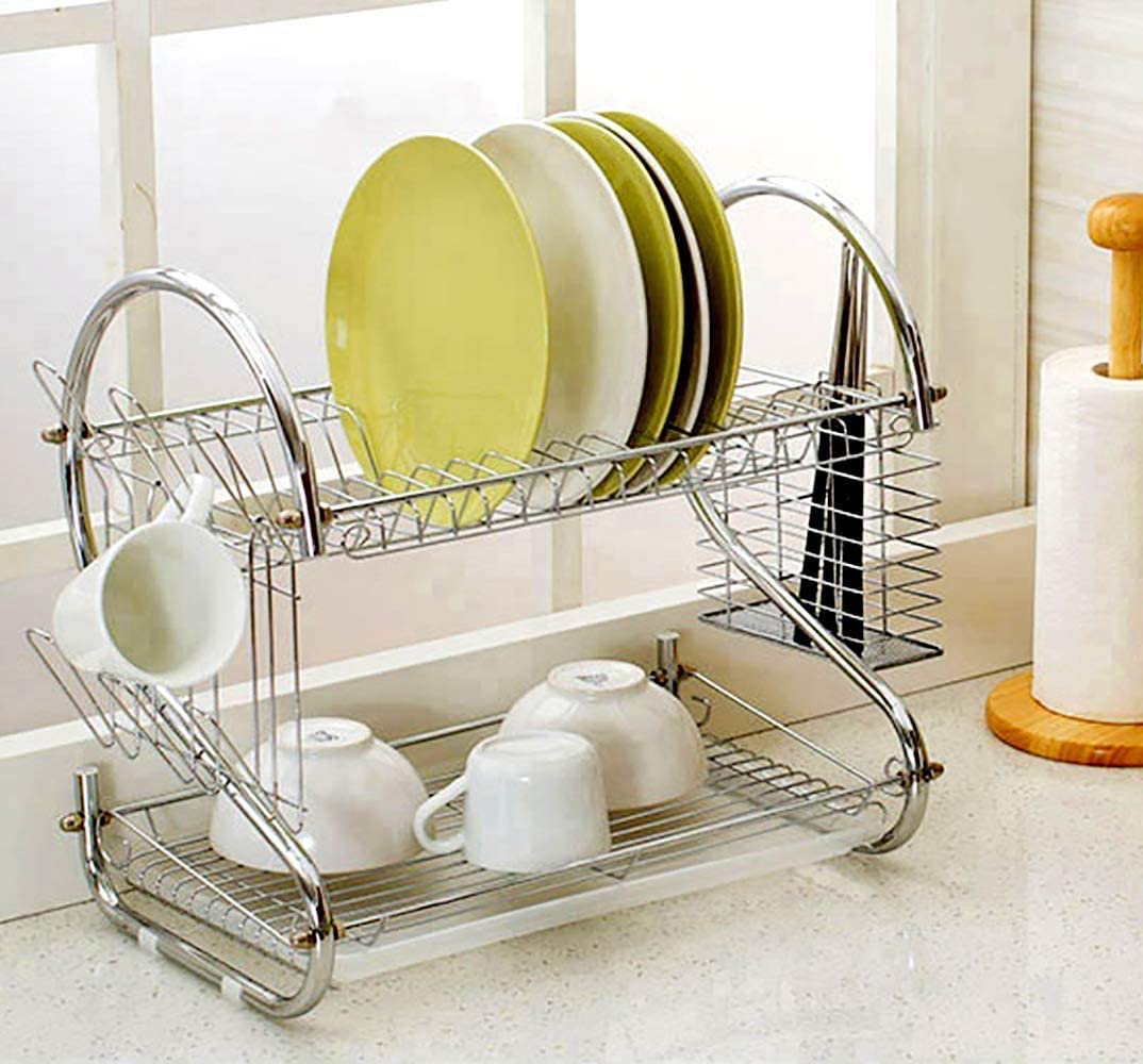 CARLA HOME Chrome 2-Tier Dish Rack with Integrated Drain Board - Stylish Silver Kitchen Drying Solution, 42 x 25.5 x 38 cm