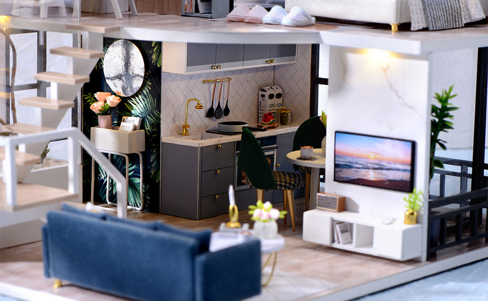 Dollhouse Miniature with Furniture Kit Plus Dust Proof and Music Movement - Cozy time (Valentine's Day Gift Idea)