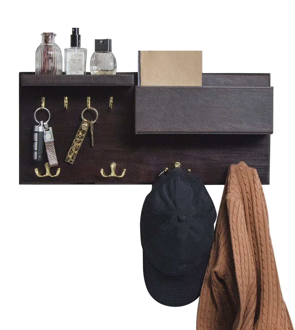 Elegant Brown Wooden Coat Rack with Dual Leather Trays