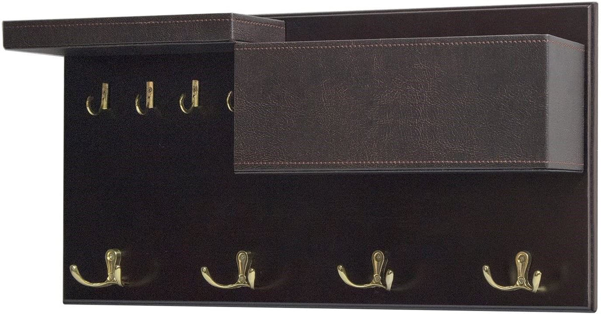 Elegant Brown Wooden Coat Rack with Dual Leather Trays