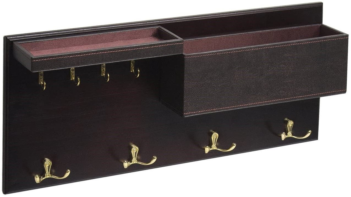 Elegant Brown Wooden Coat Rack with Dual Leather Trays