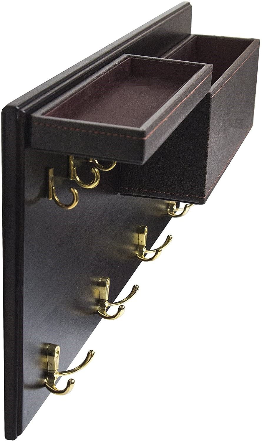 Elegant Brown Wooden Coat Rack with Dual Leather Trays