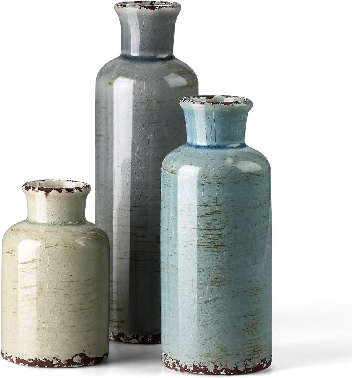 Ceramic Vases Set of 3 Crackled Finish Blue Farmhouse for Home D?cor