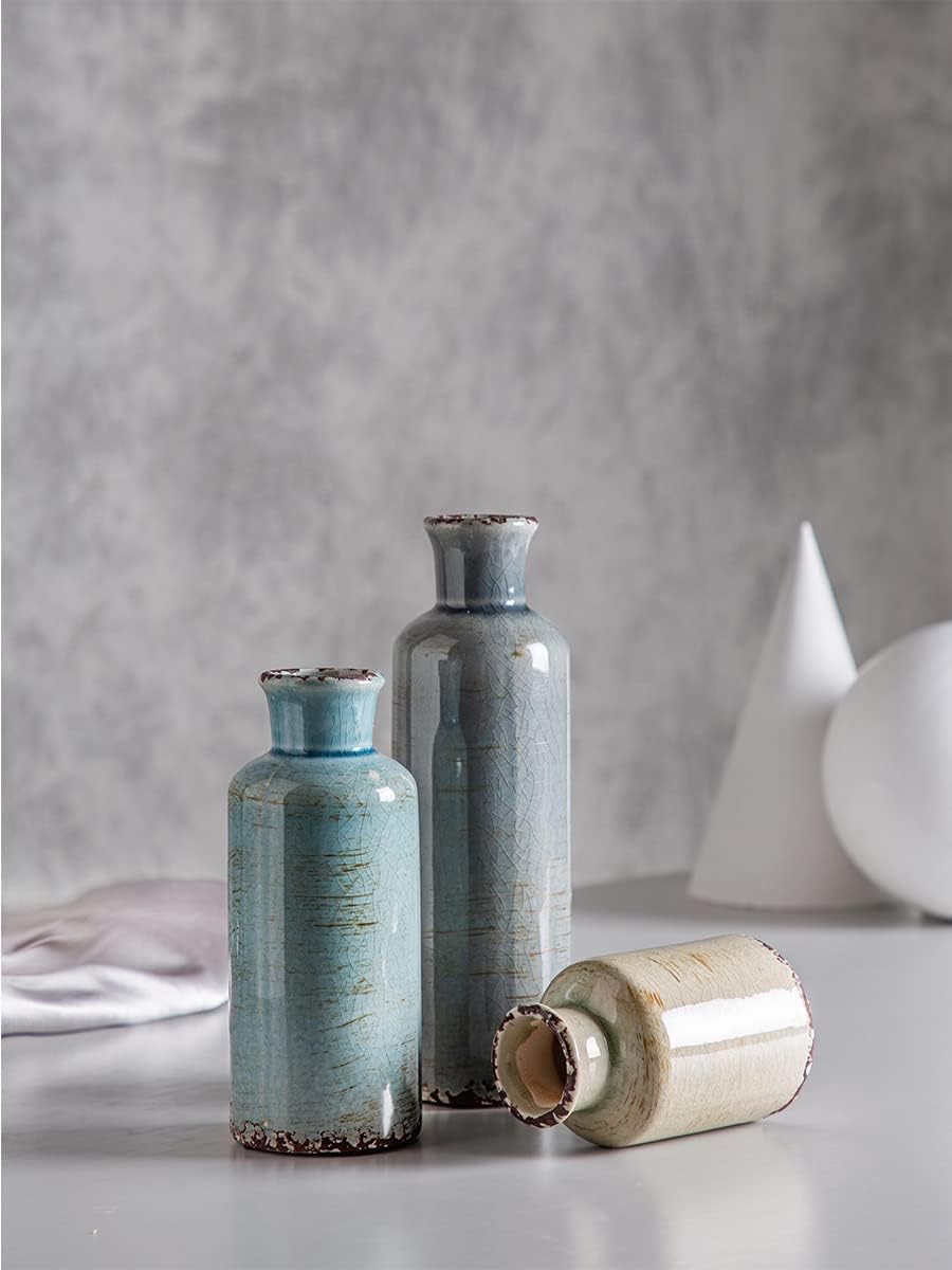 Ceramic Vases Set of 3 Crackled Finish Blue Farmhouse for Home D?cor