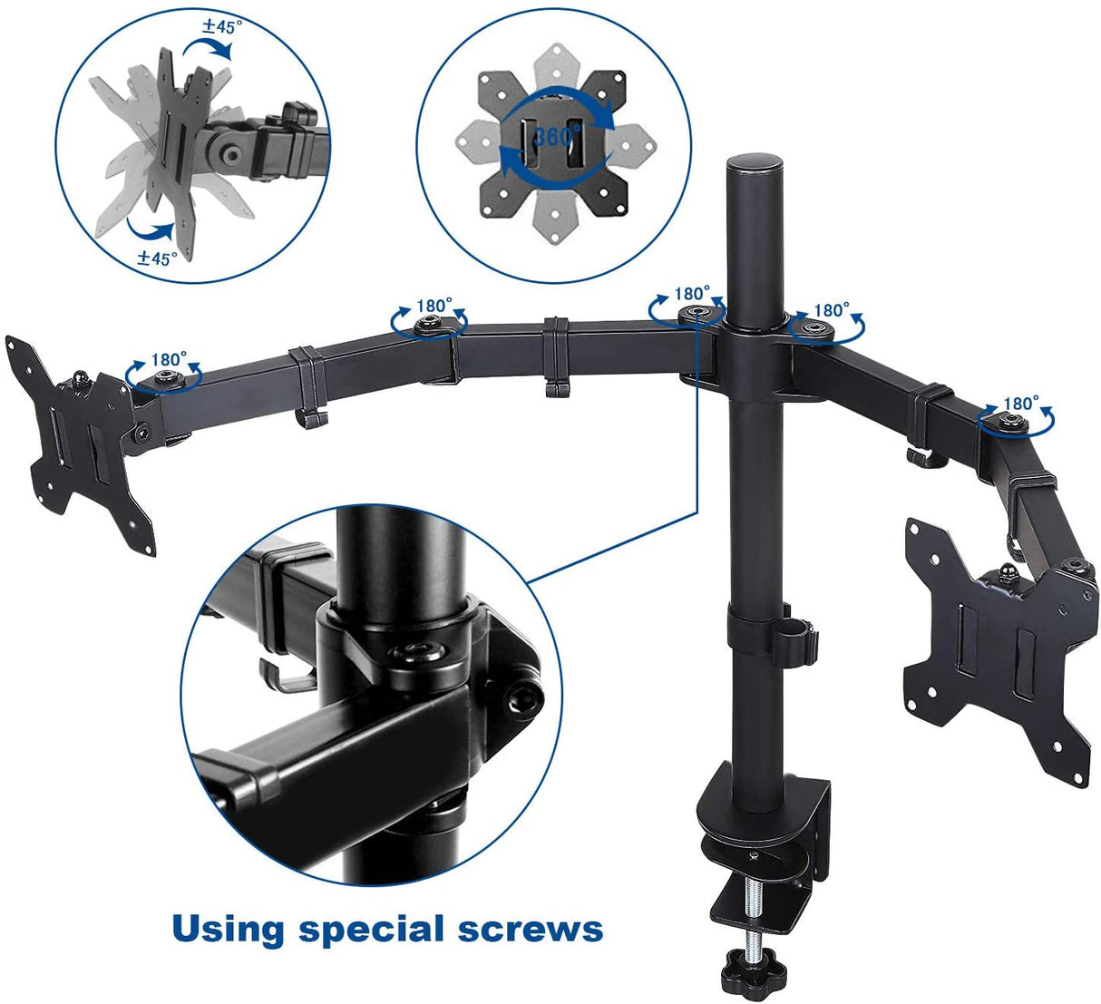Dual Monitor Desk Mount with 360° Rotation for Screens Up to 27" - Full Motion Adjustable Arm Stand