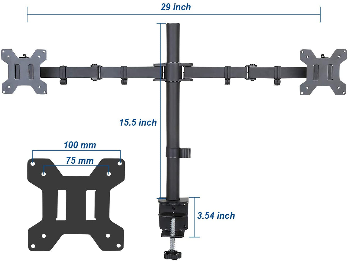 Dual Monitor Desk Mount with 360° Rotation for Screens Up to 27" - Full Motion Adjustable Arm Stand