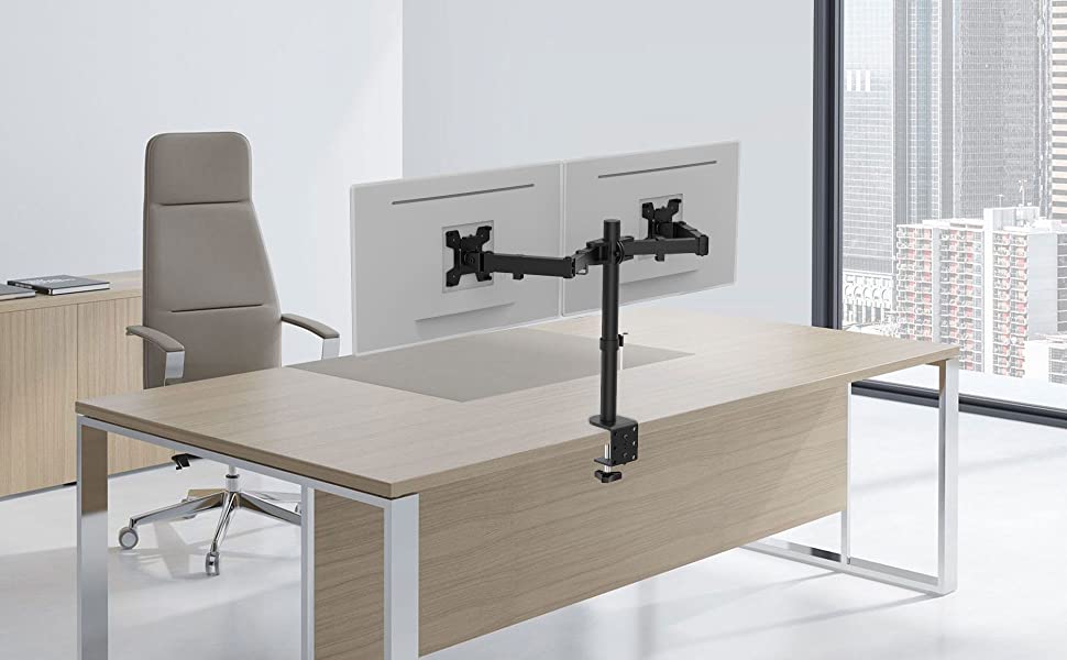 Dual Monitor Desk Mount with 360° Rotation for Screens Up to 27" - Full Motion Adjustable Arm Stand