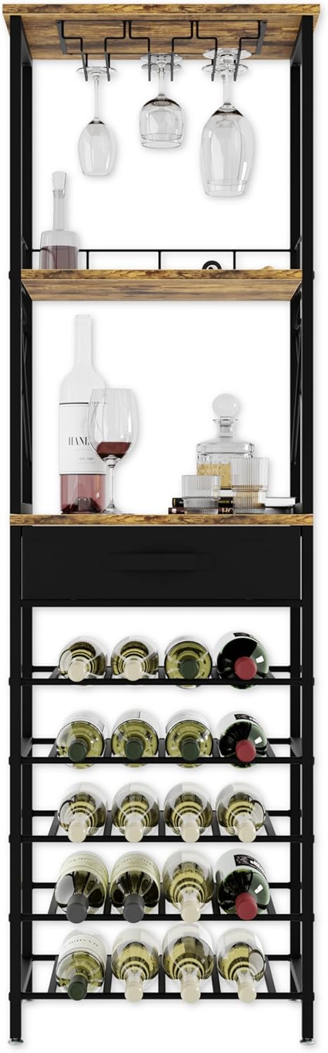 CARLA HOME Freestanding Wine Rack for 20 Bottles with Wood Countertop and Sturdy Metal Frame
