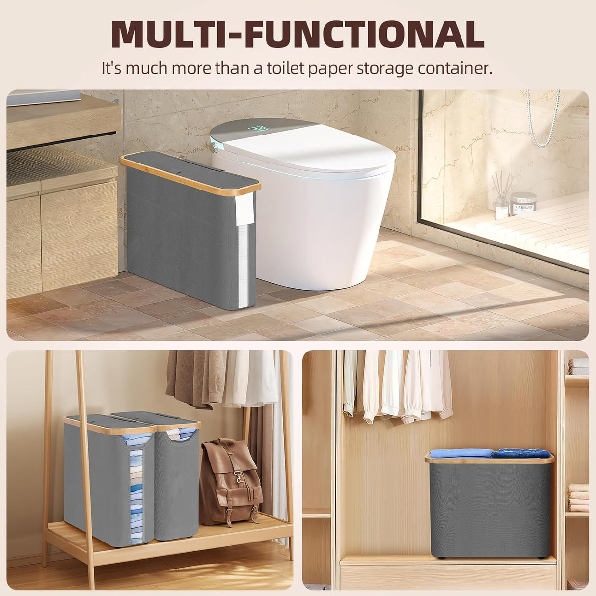 CARLA HOME Toilet Paper Storage Basket Holds Up to 12 Rolls with Bamboo Lid and Handle for RV Closet