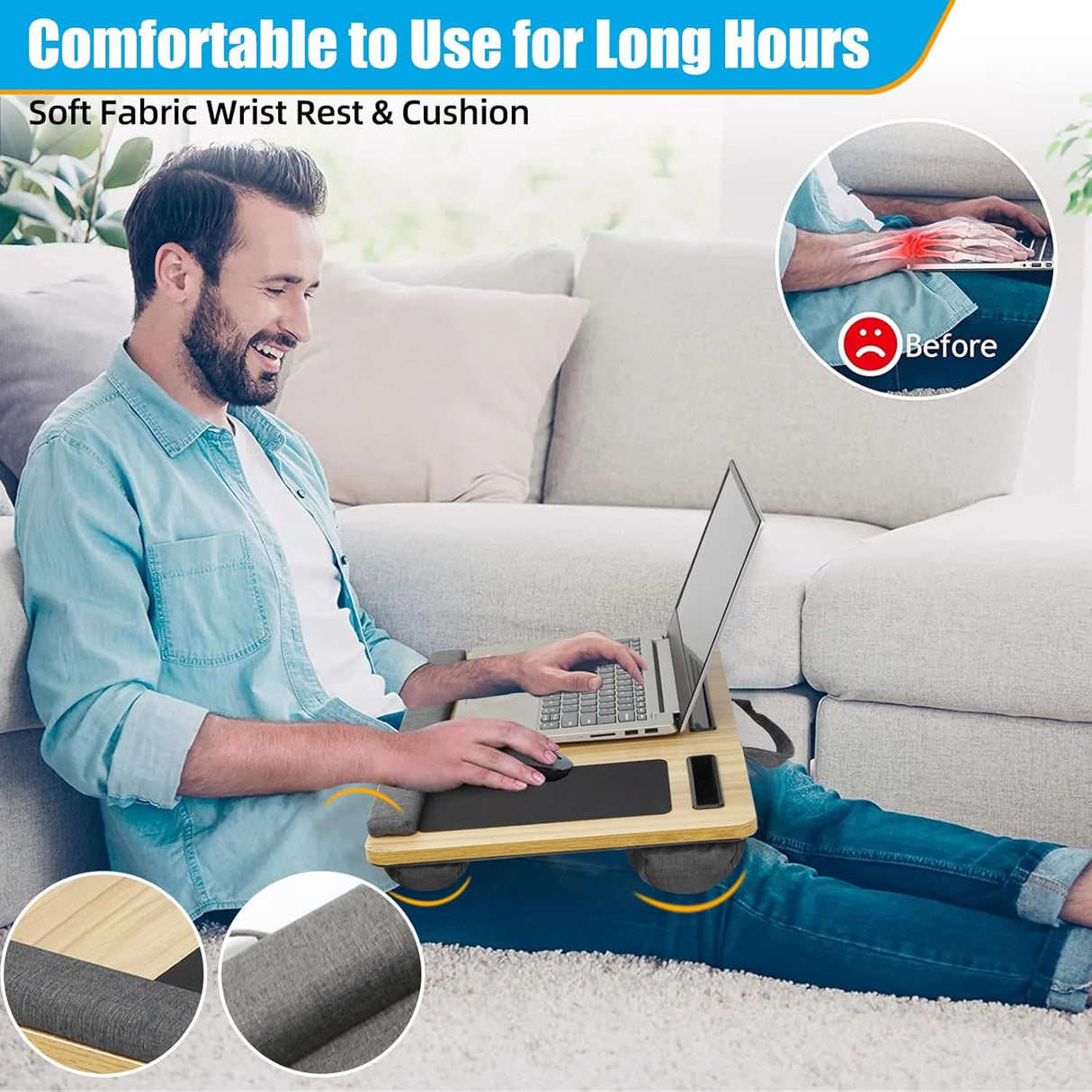 CARLA HOME Oversized Portable Lap Desk with Cushion,Mouse Pad, Tablet and Phone Holder which Fits Up to 17 Inch Laptops for Bed or Sofa (Black)