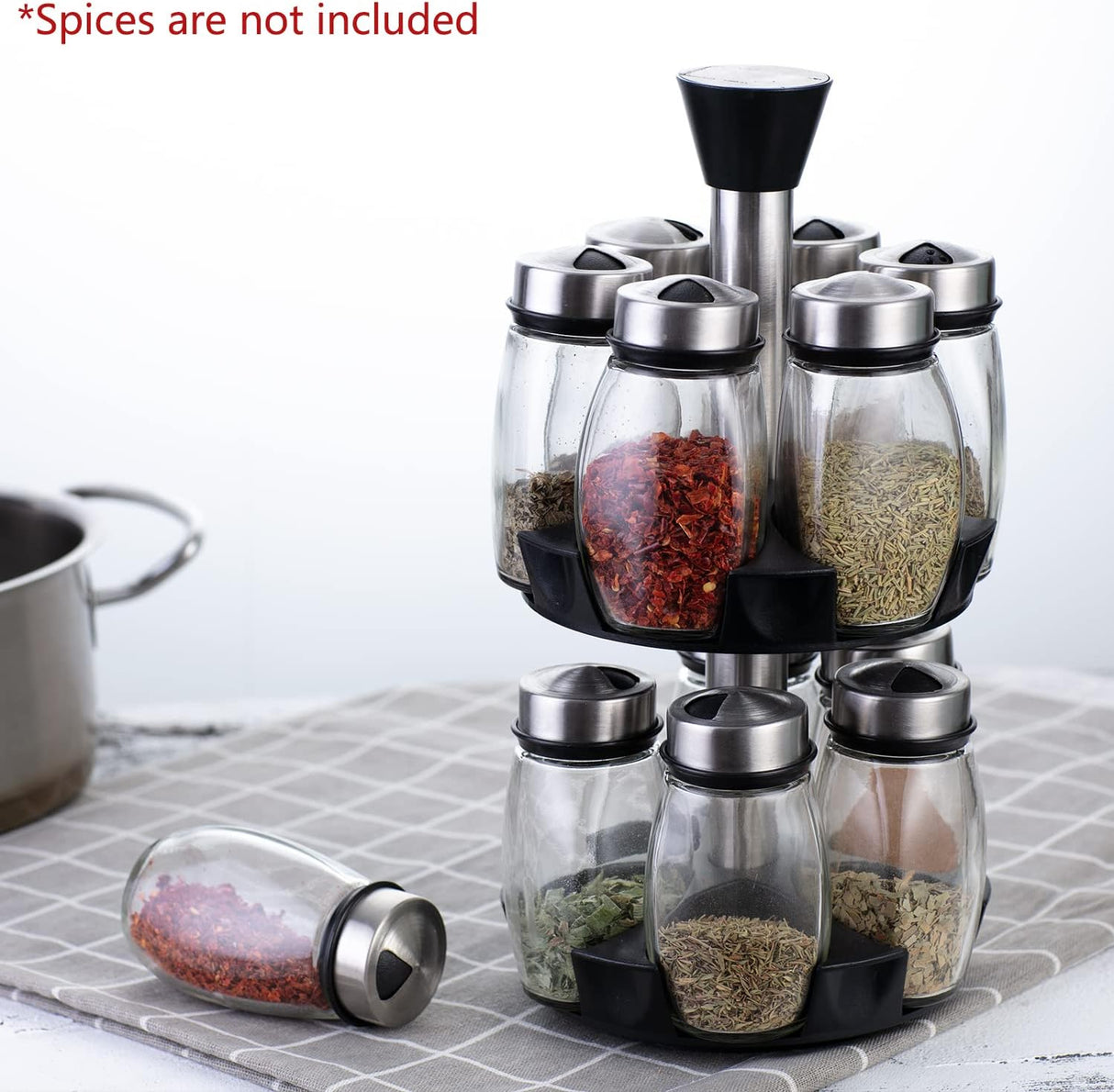 CARLA HOME Rotating Spice Rack Organizer with 16 Glass Jars for Kitchen Seasoning and Herb Storage