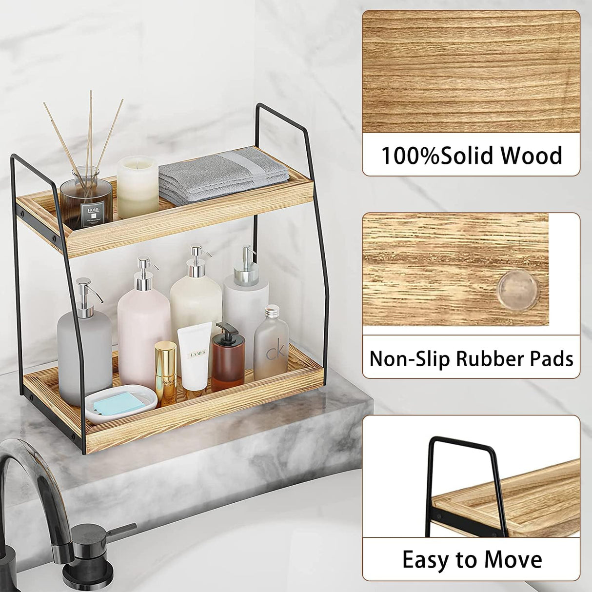 CARLA HOME 2-Tier Wooden Coffee Station Rack Organizer for Coffee Bar, Condiments, Syrups, Storage Jars & Spice Storage Shelf