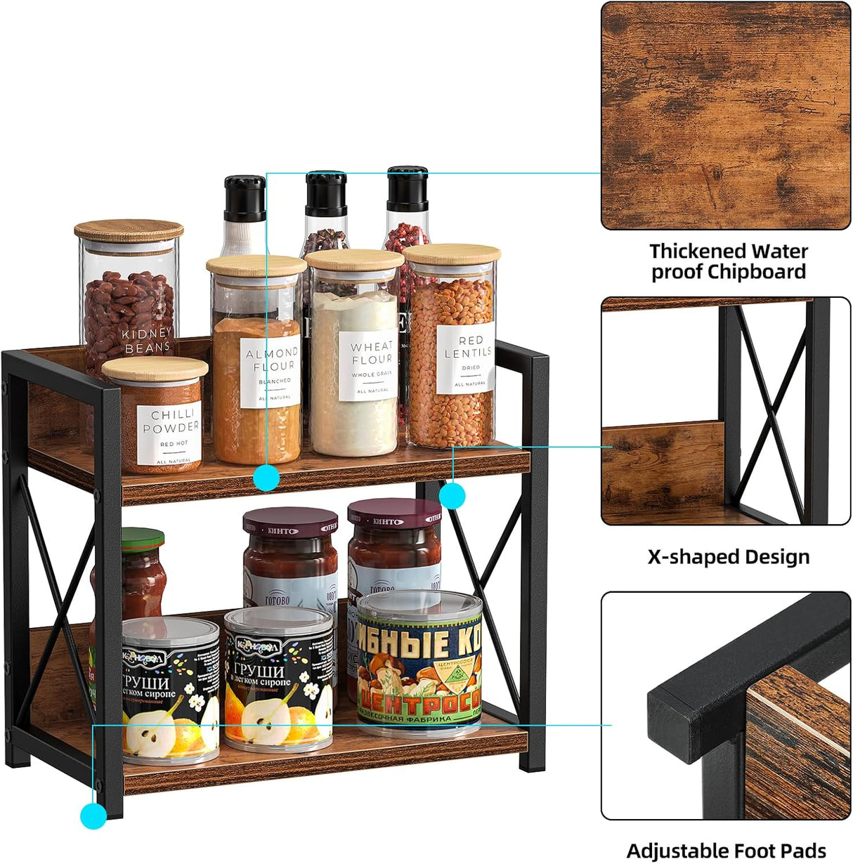 CARLA HOME 2-Tier Countertop Shelf Organizer Rustic Wood Kitchen Spice Rack for Storage, Condiments & Cabinet Organization