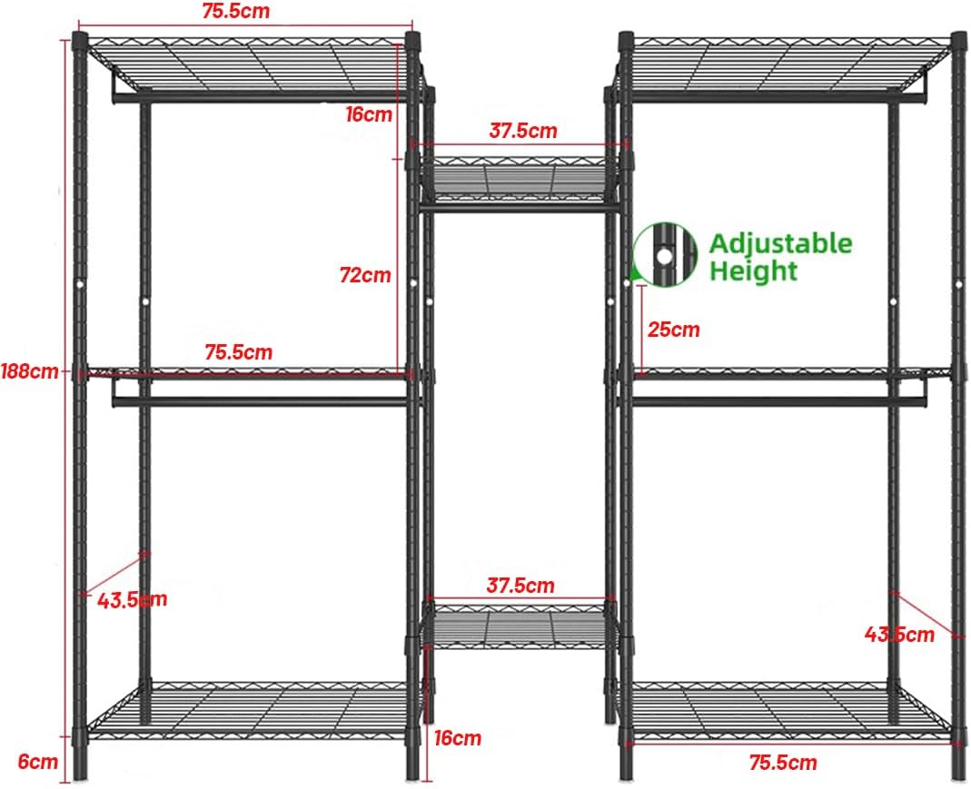 CARLA HOME Heavy Duty Clothing Garment Rack Organizer with Hanging Rods & Storage Shelves for Clothe