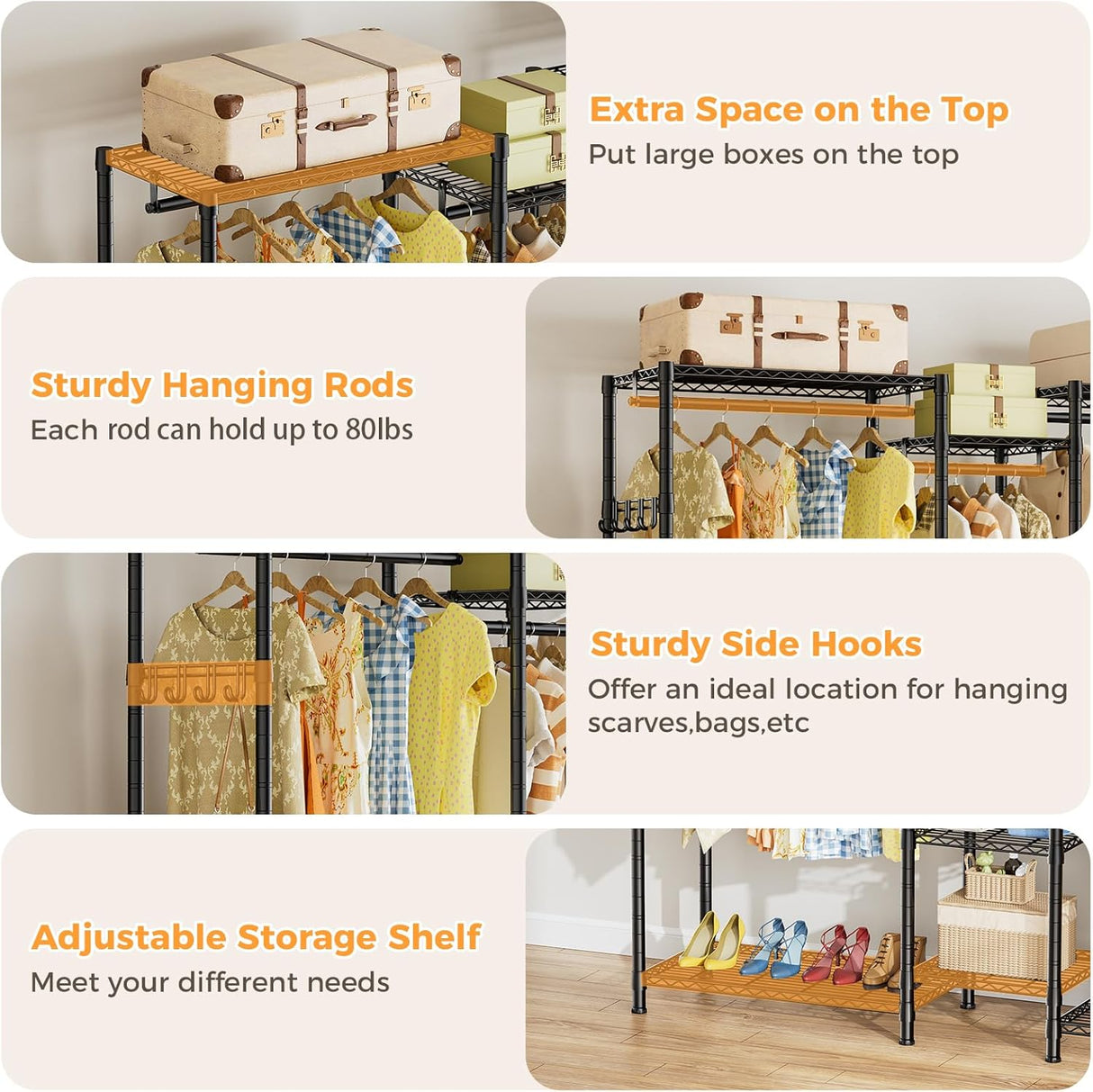 CARLA HOME Heavy Duty Clothing Garment Rack Organizer with Hanging Rods & Storage Shelves for Clothe