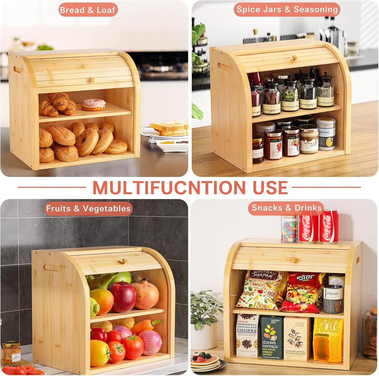 CARLA HOME Large Bamboo Bread Box Storage Organizer with Roll Top for Kitchen Counter
