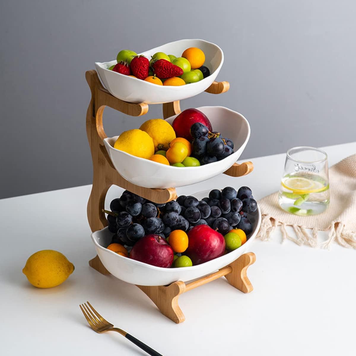 CARLA HOME 3-Tier Ceramic Fruit Bowl Basket with Bamboo Stand for Kitchen Counter, Snack Tray, Dessert Server & Vegetable Storage Rack