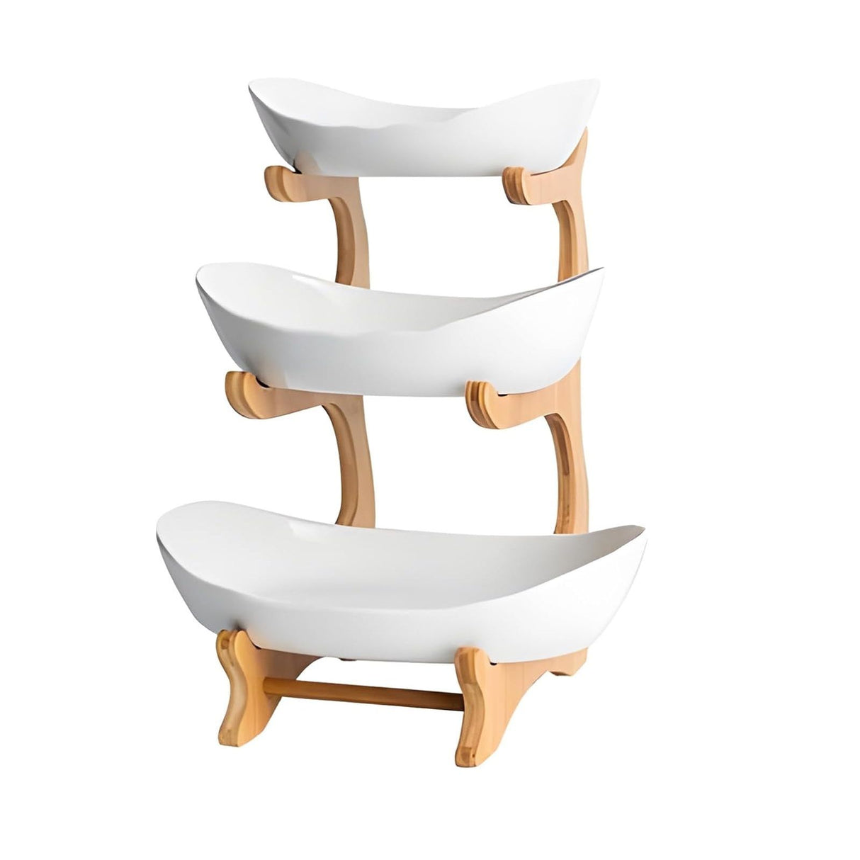 CARLA HOME 3-Tier Ceramic Fruit Bowl Basket with Bamboo Stand for Kitchen Counter, Snack Tray, Dessert Server & Vegetable Storage Rack
