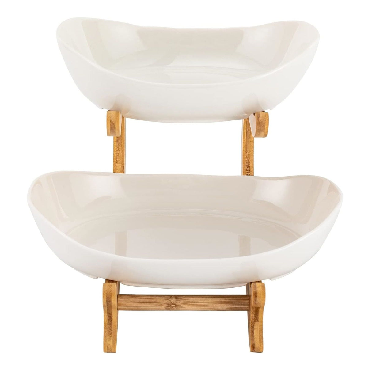 CARLA HOME 2-Tier Ceramic Fruit Bowl Basket with Bamboo Stand for Kitchen Counter, Snack Tray, Dessert Server & Vegetable Storage Rack