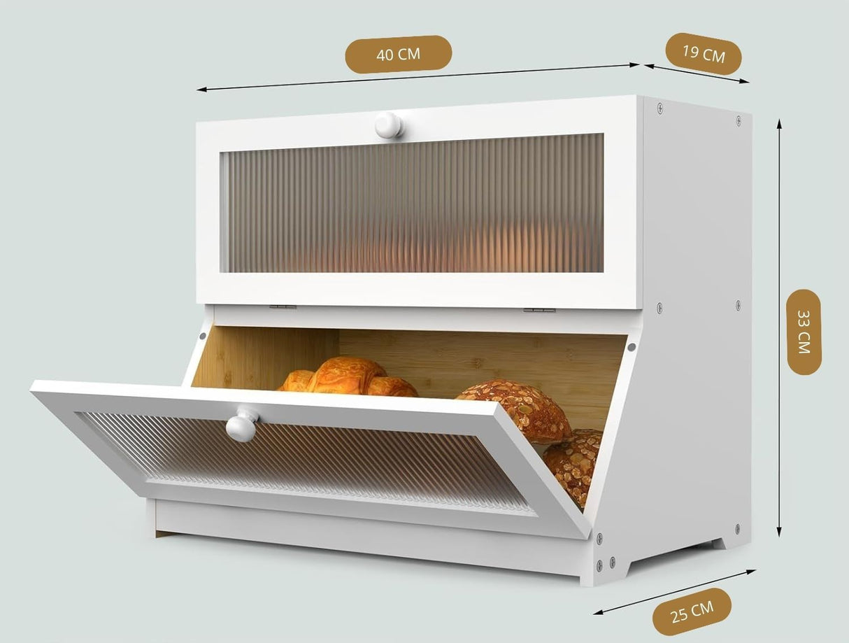 CARLA HOME Double Layer Bamboo Bread Box for Kitchen Counter - Large Capacity Bread Storage Container with Clear Window, Easy Assembly, Farmhouse