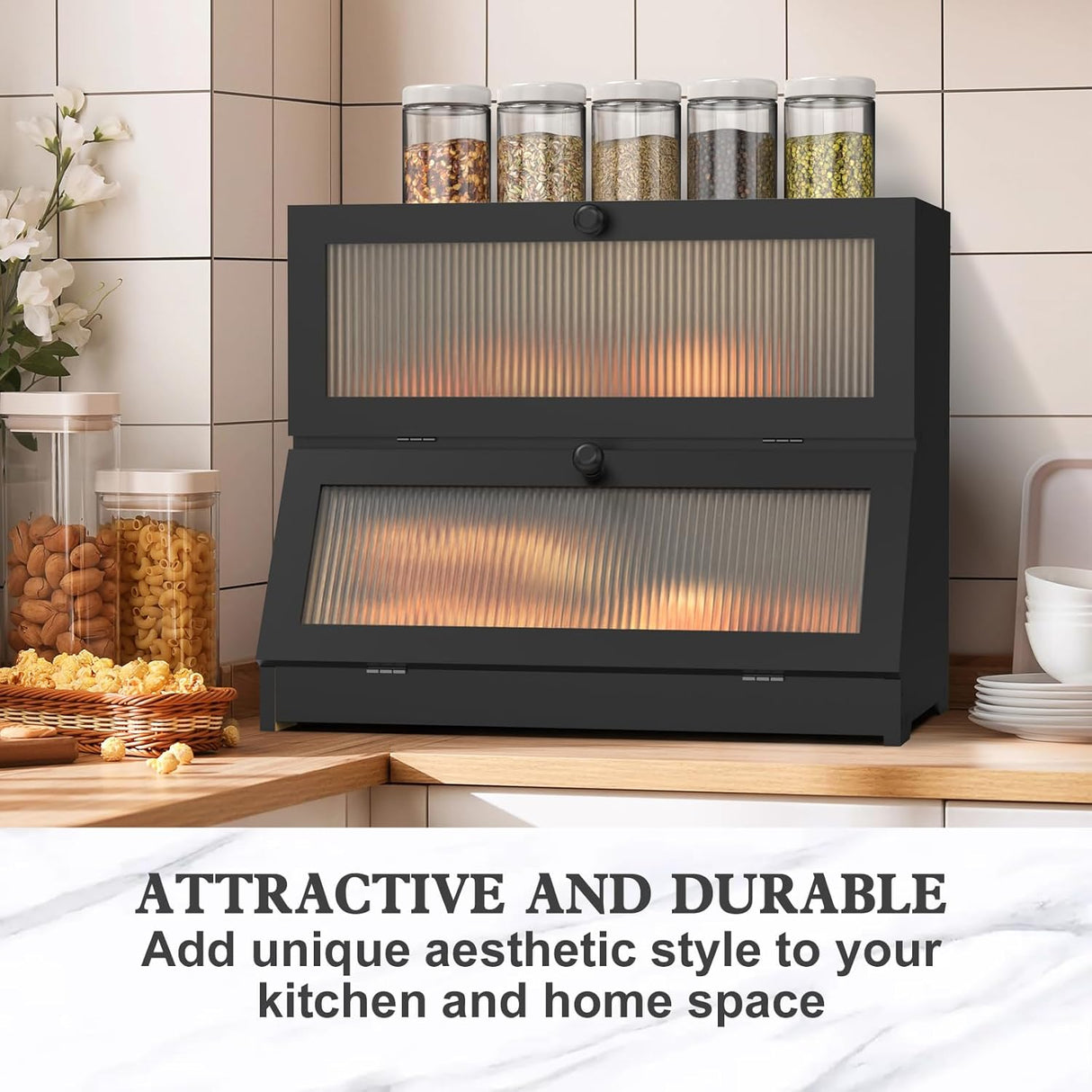 CARLA HOME Double Layer Bamboo Bread Box for Kitchen Counter - Large Capacity Bread Storage Container with Clear Window, Easy Assembly, Farmhouse